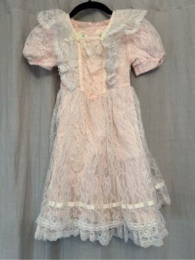 Vintage 80s Gunne Sax by Jessica McClintock Pink Lace Flower Girl Dress Size 5